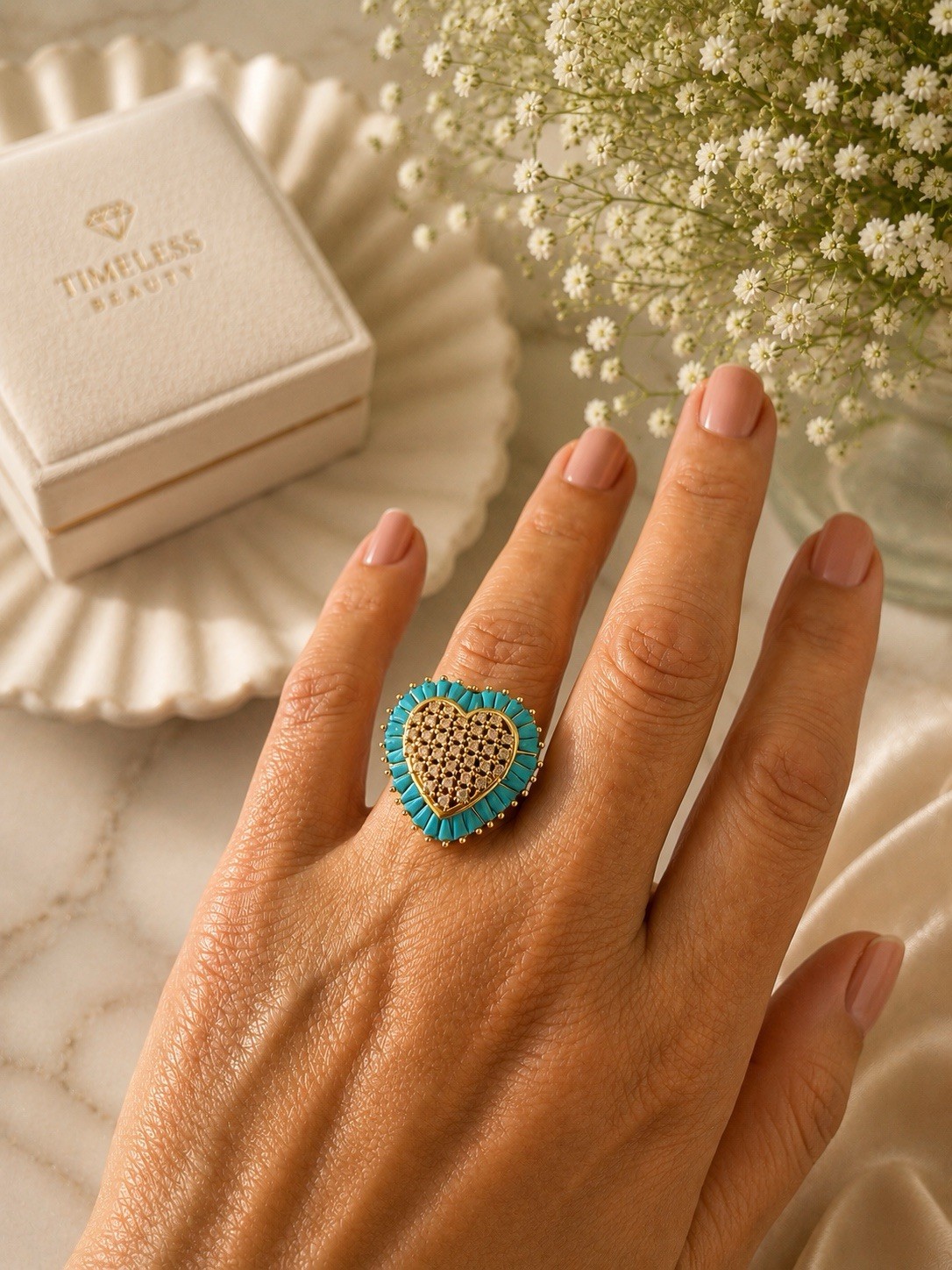 High quality none tarnished Heart stainless steel Ring Gold or Blue Size 7