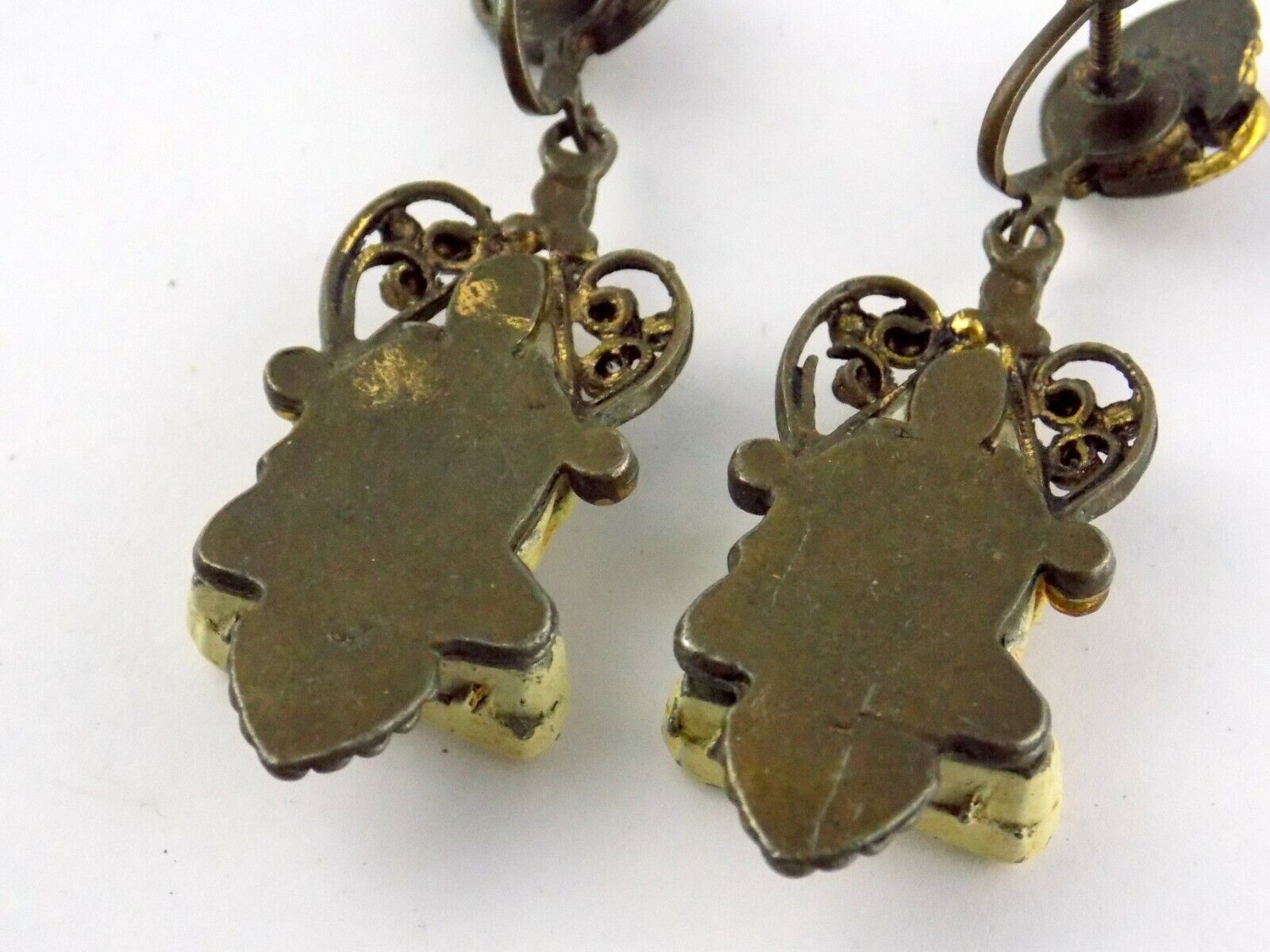 Vintage Painted Brass and Buddha Figurine Screwback Earrings Unsigned Rhinestone