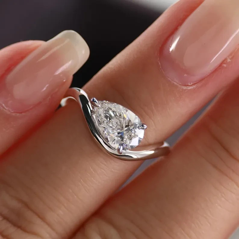 14K White Gold Pear Cut Lab Grown Diamond Solitaire Style Engagement Gift Ring