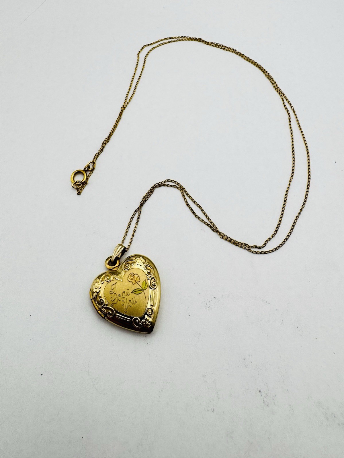 1/20 14k GF Heart Shaped Locket Pendant Etched Flower w/Chain I Love You