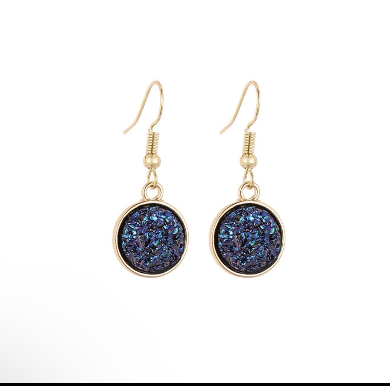 Blue Druzy Resin Dangle Earrings, Gold Tone Minimalist Jewelry