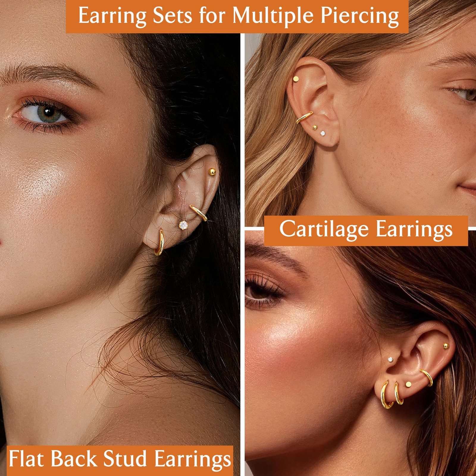 FASACCO Small Tiny Stud Flat Back 20G (0.8MM) and 18G (1MM), gold tone