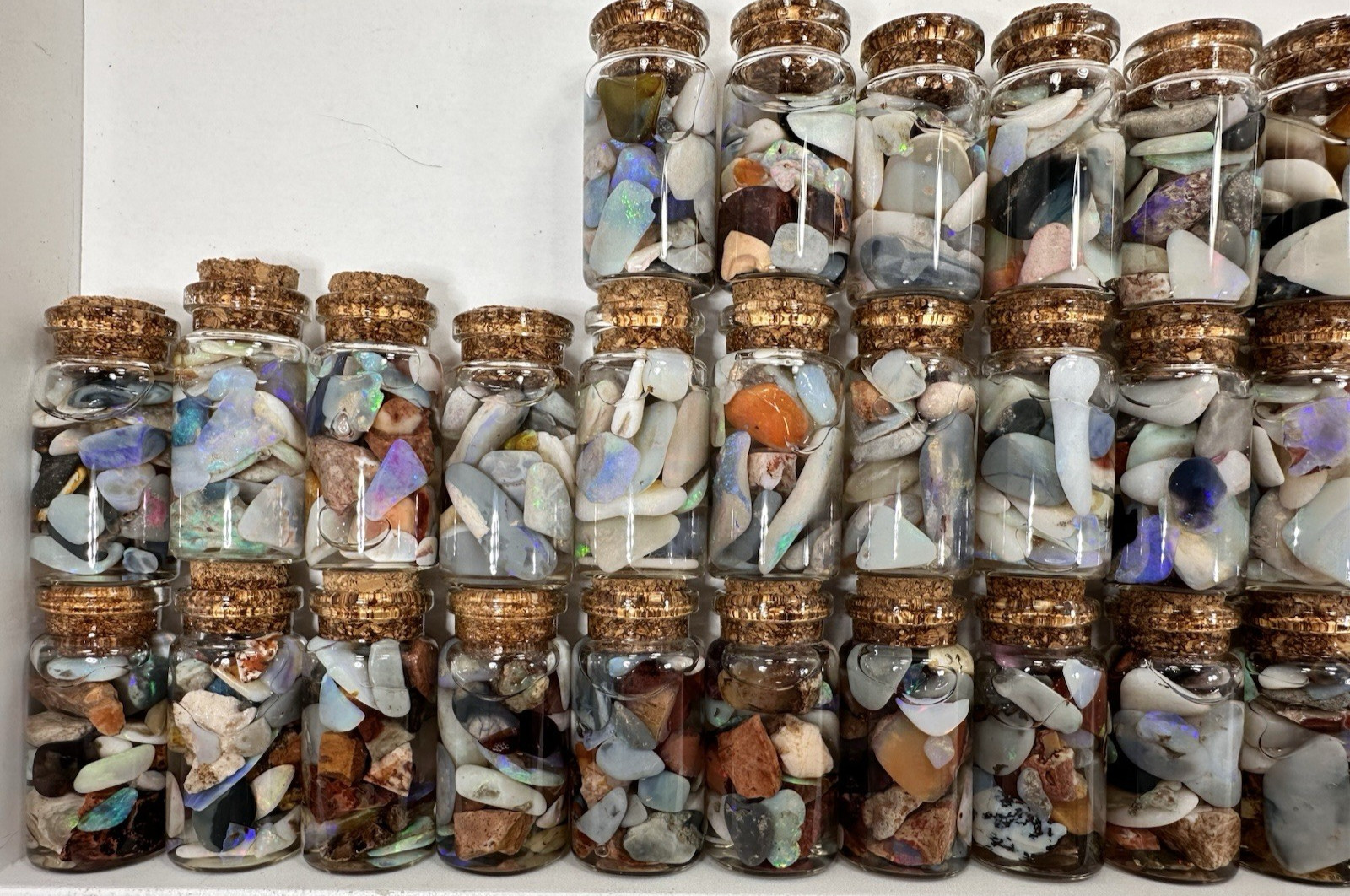 40 ct Premium Australian Coober Pedy Rough/Rubs Opals in Glass Bottles