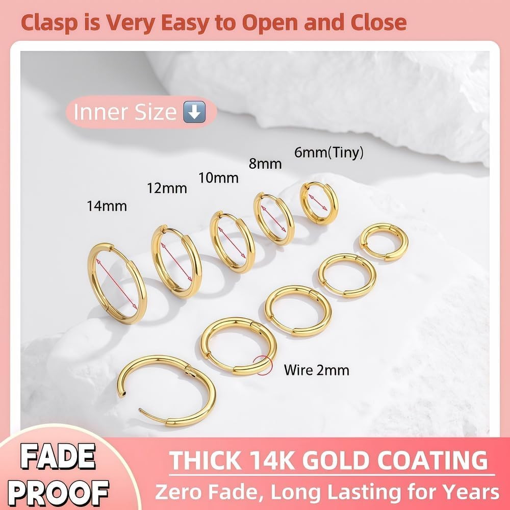 5 Pairs 14K Gold Plated Huggie Hoop Earrings for Women – Lightweight Minimalist
