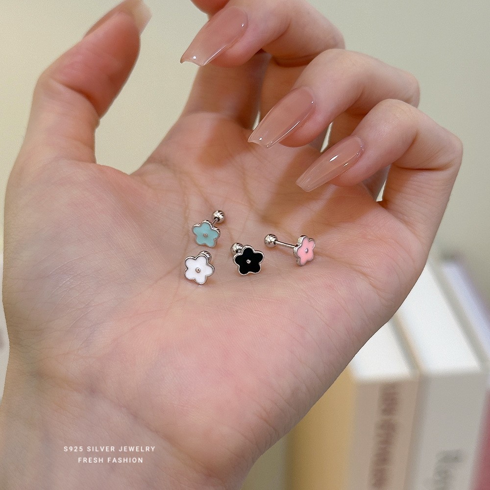 925 Sterling Silver Tiny Flower Enamel Screw Back Stud Earrings 6mm B11
