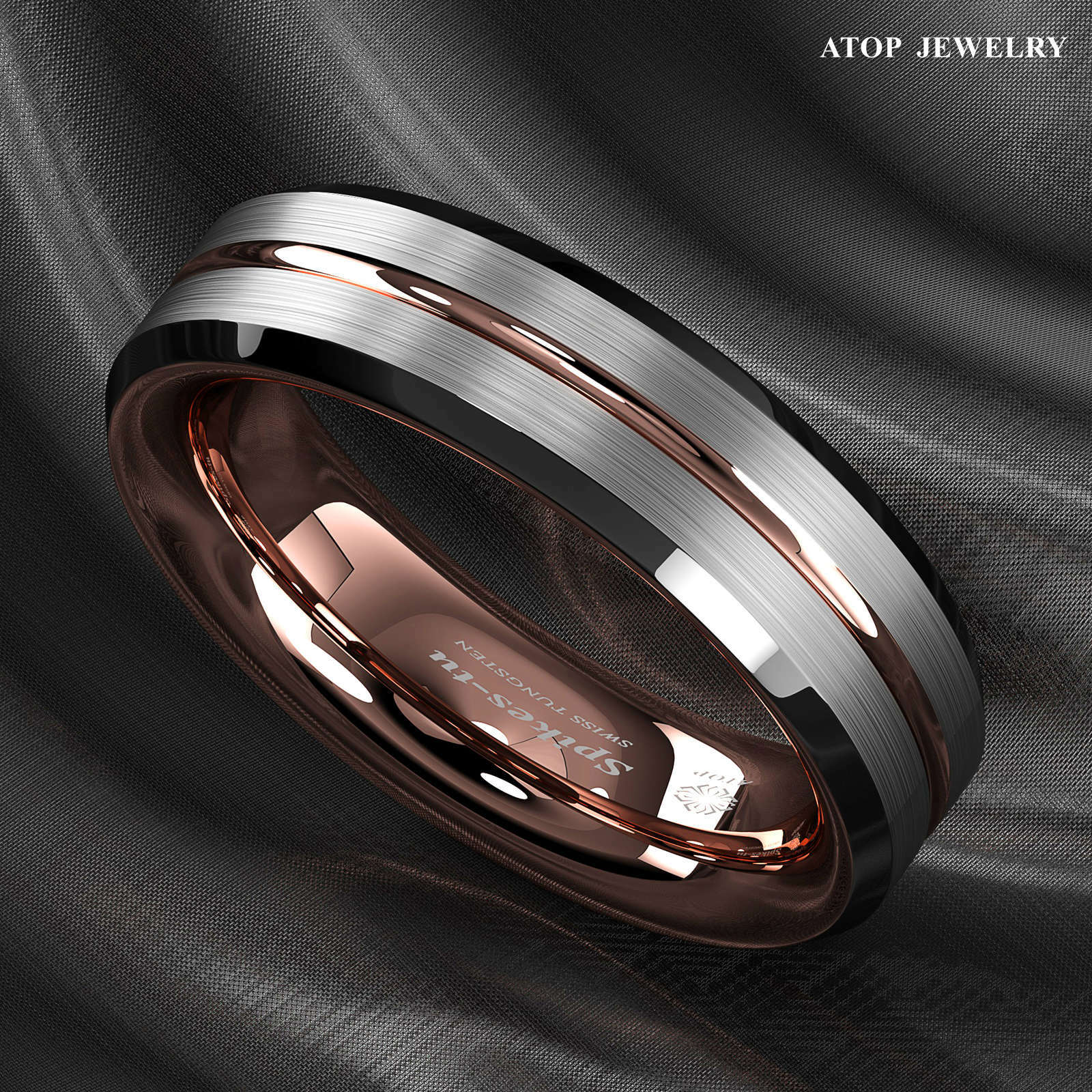 8/6Mm Silver Brushed Plated Metal Rose Gold ATOP Men Tungsten Wedding Band Ring