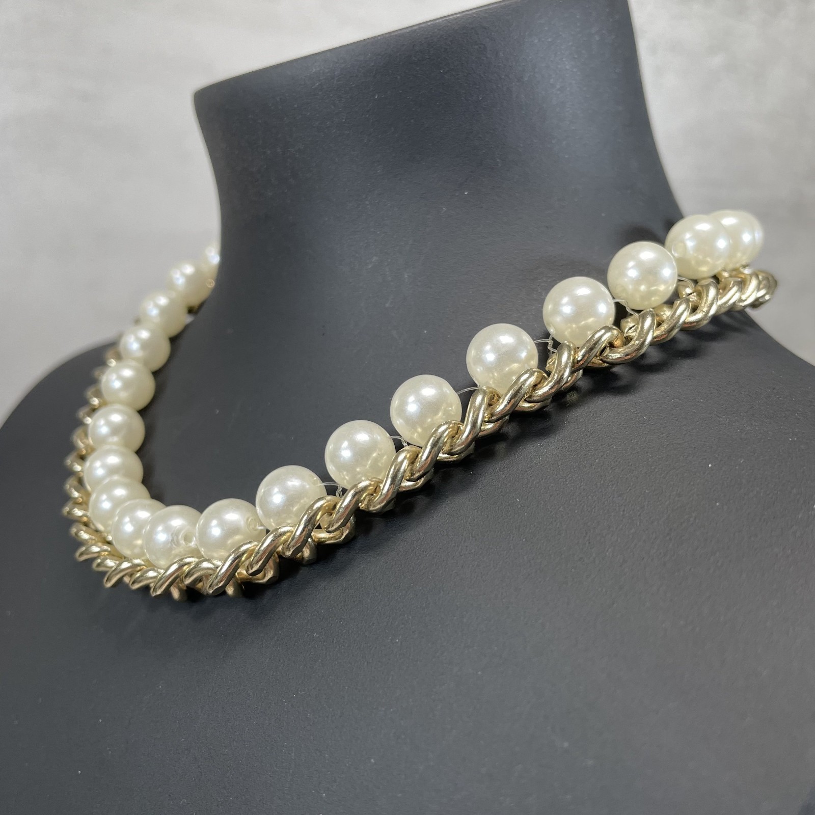 Gold Tone Faux Pearl Curb Chain Choker Necklace Chunky Statement Collar 14″