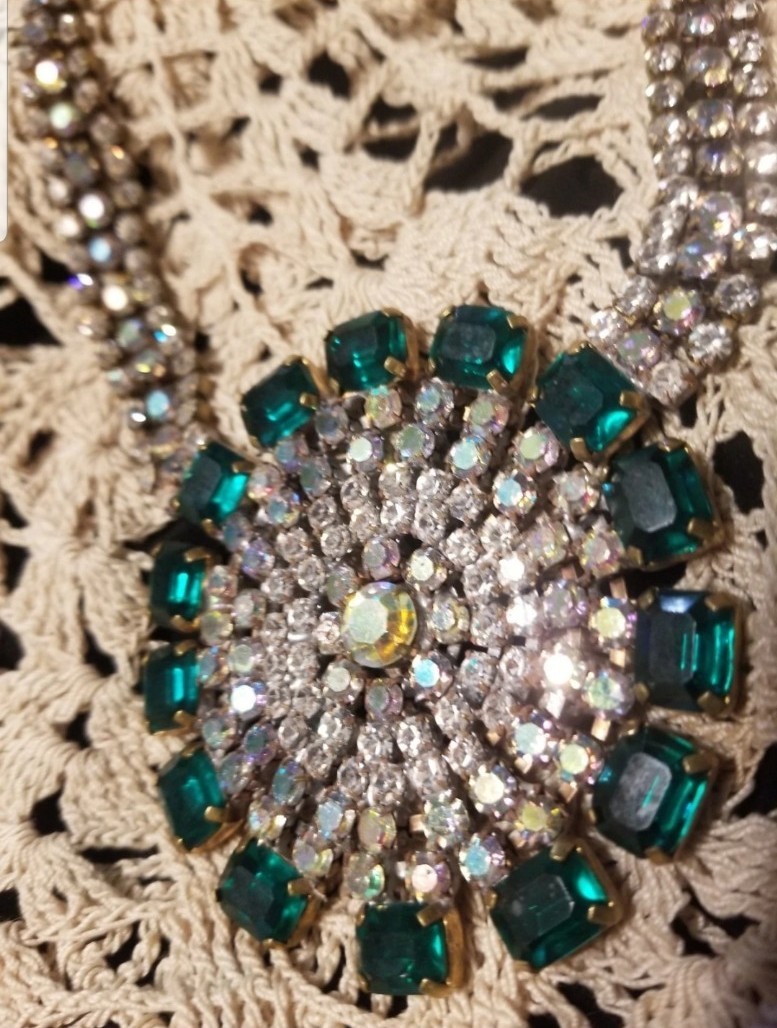 Bijoux M.G. Czech Republic 1940-1950 Antique Necklace,16″, 3″Crystal Medallion
