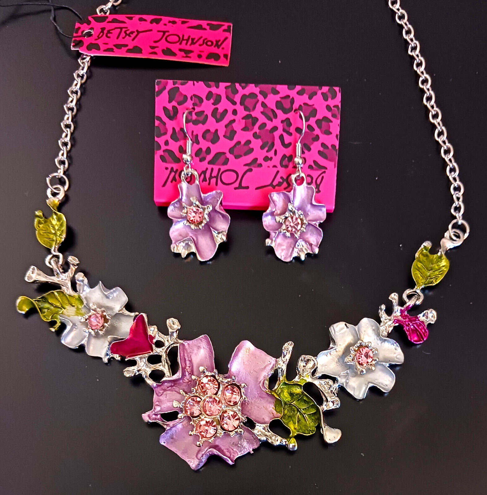 Bouquet Pink FLOWER GARDEN Floral Rhinestone Betsey Johnson Necklace Earring Set