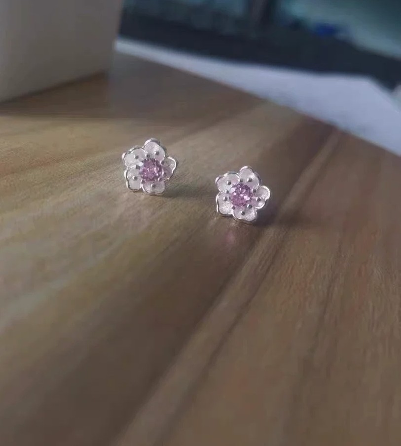Silver Plated Alloy with White Enamel Pink CZ Center Cherry Blossom Stud Earring