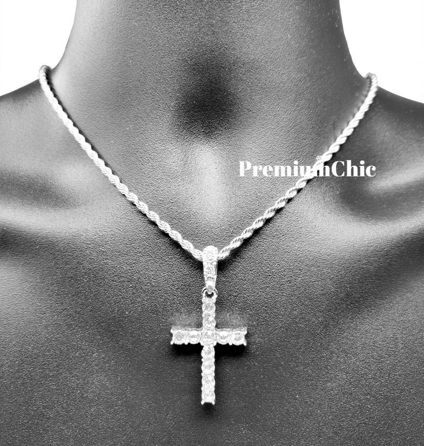 Iced Cross Pendant with 3MM Rope Chain Necklace Mens Hip Hop Plated CZ Jewelry
