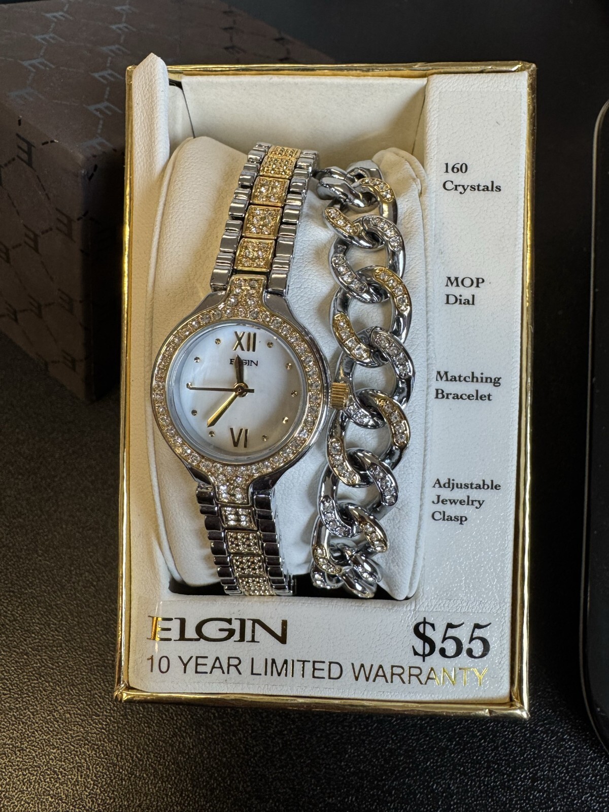 Elgin Adult Female Analog Watch and Bracelet 2pc Set Rope Bracelet in Two-Tone