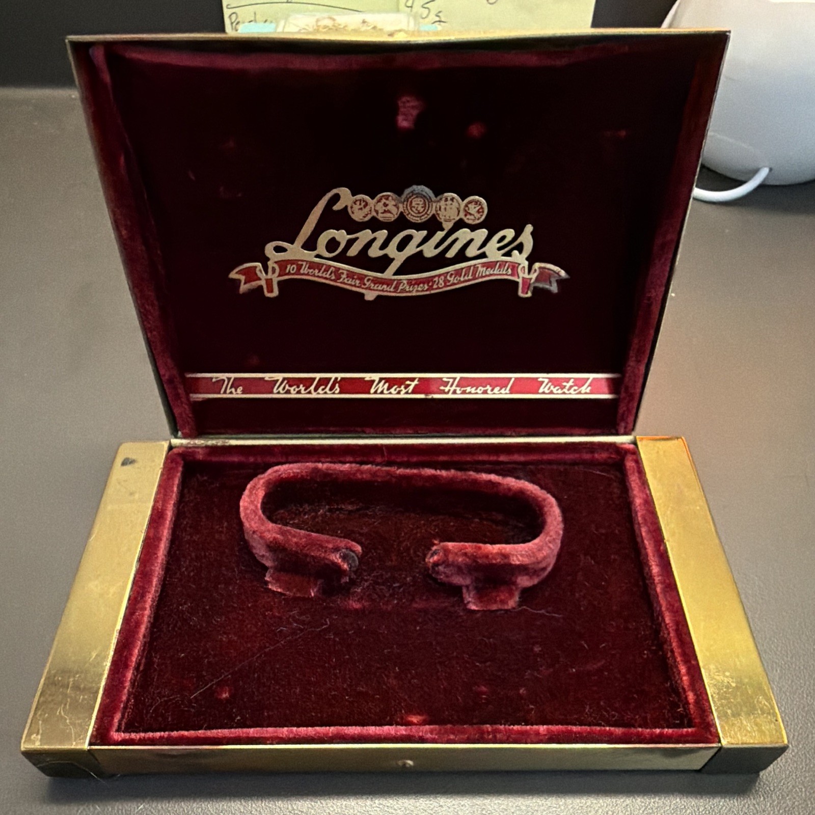 Vintage Longines Watch Box Red Velvet Metal Coffin Case Worlds Most Honored Empt
