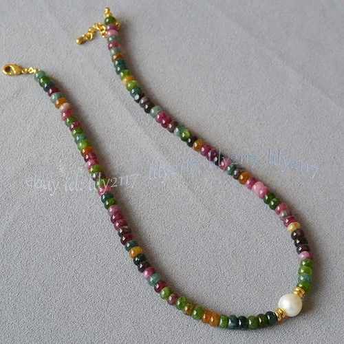 Natural Colorful Tourmaline Rondelle Gemstone Beads White Pearl Necklace 14-48”