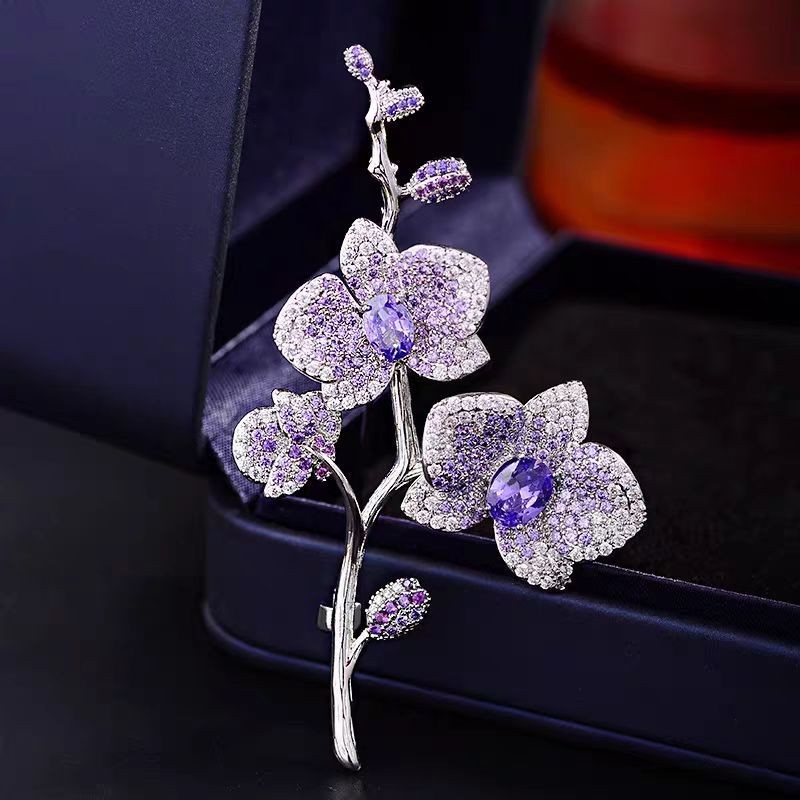 Purple Orchid Brooch Full Zircon Elegant Flower Pin Womens Clothing Accessory