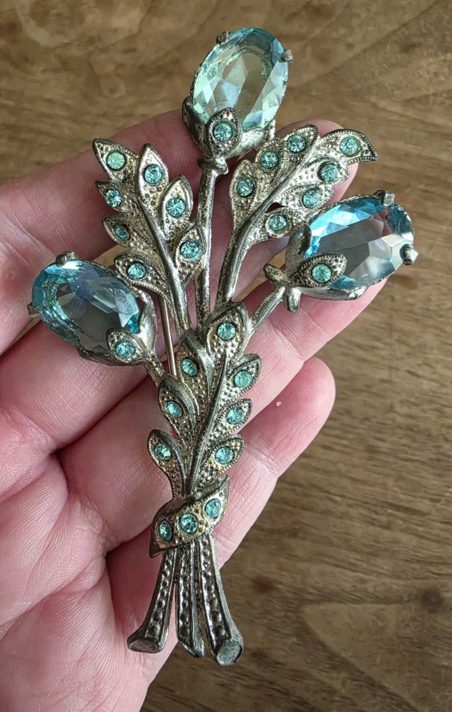 Silvertone Pot Metal Aqua Colored Glass Brooch Unsigned