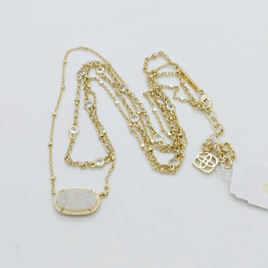 Kendra Scott Elisa Gold Crystal Multi Strand Pendant Necklace Iridescent Drusy