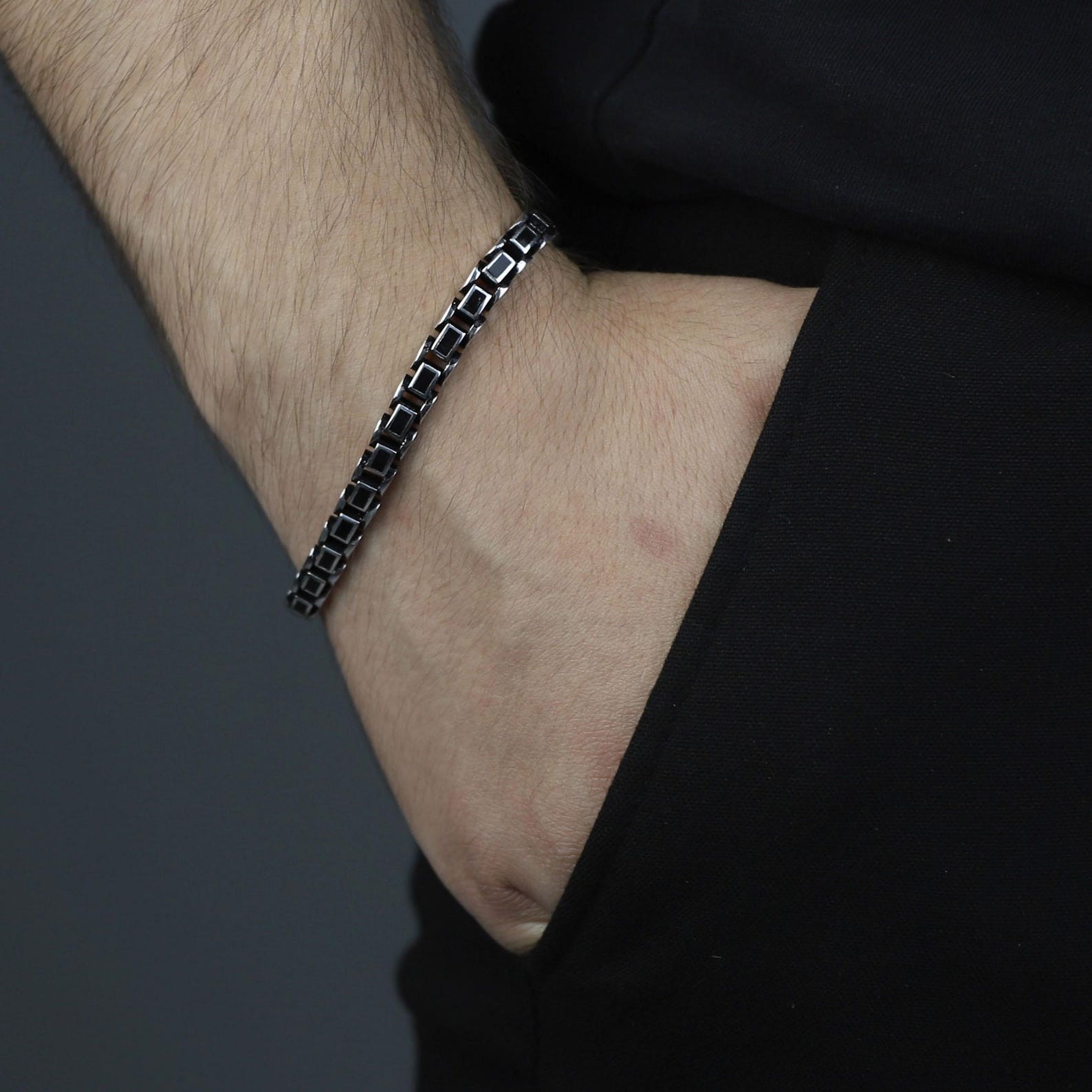 Men Silver Black Onyx Chain Bracelet Oxidized Men’s Bracelet