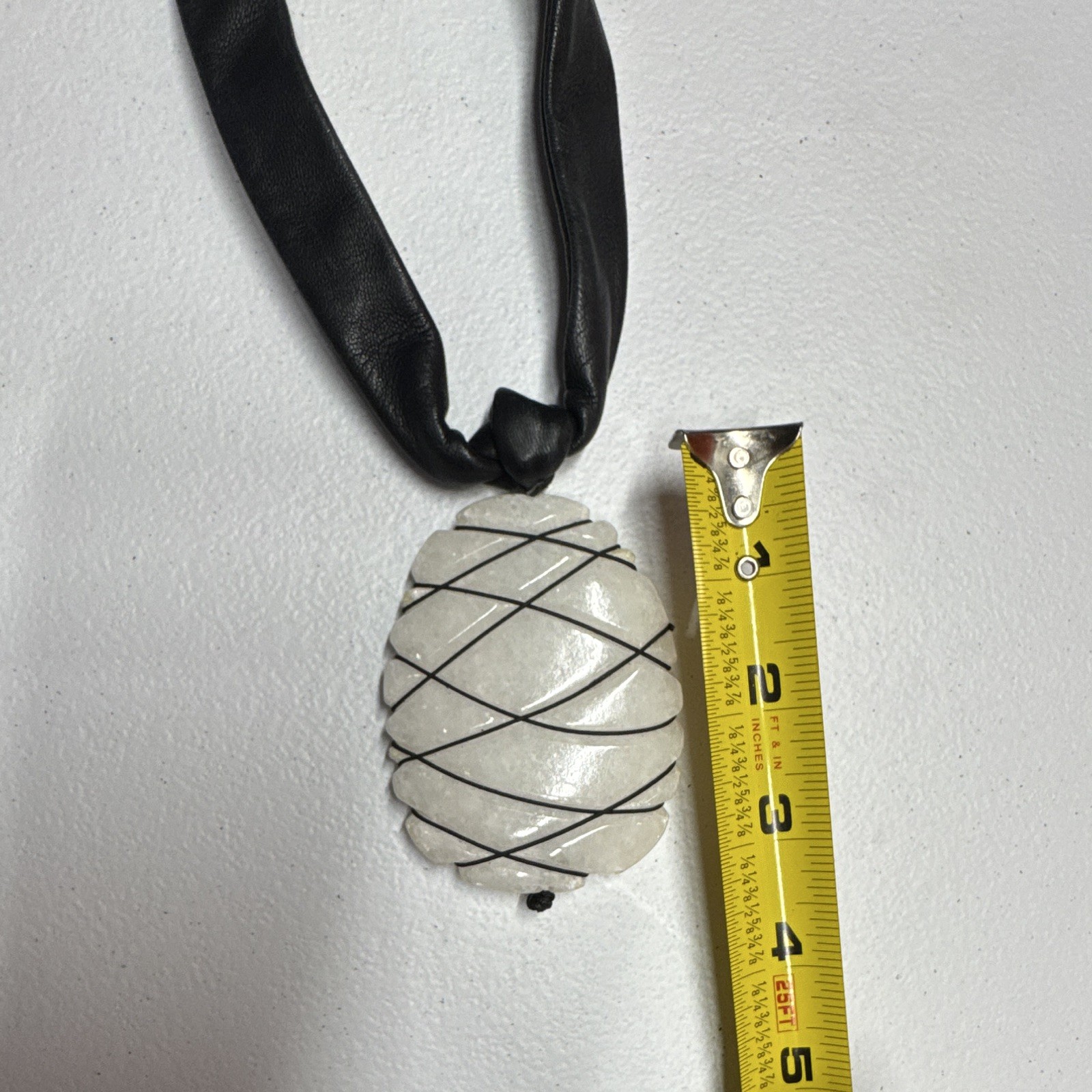 Black Leather Cord Tie Necklace White Oval Alabaster Charm Pendant 101426