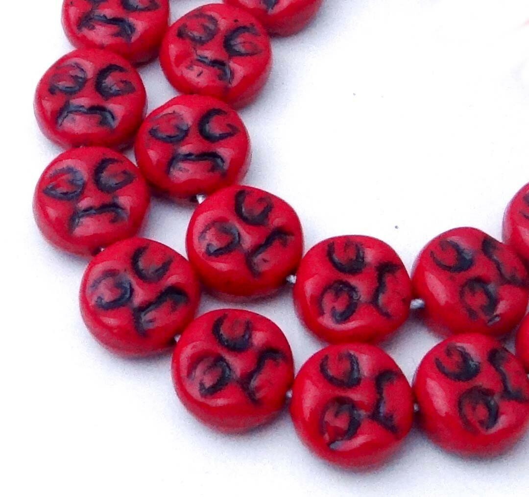 9mm Czech Glass Full Moon Faces Beads Opaque Red – Black Jet Inlay (12)