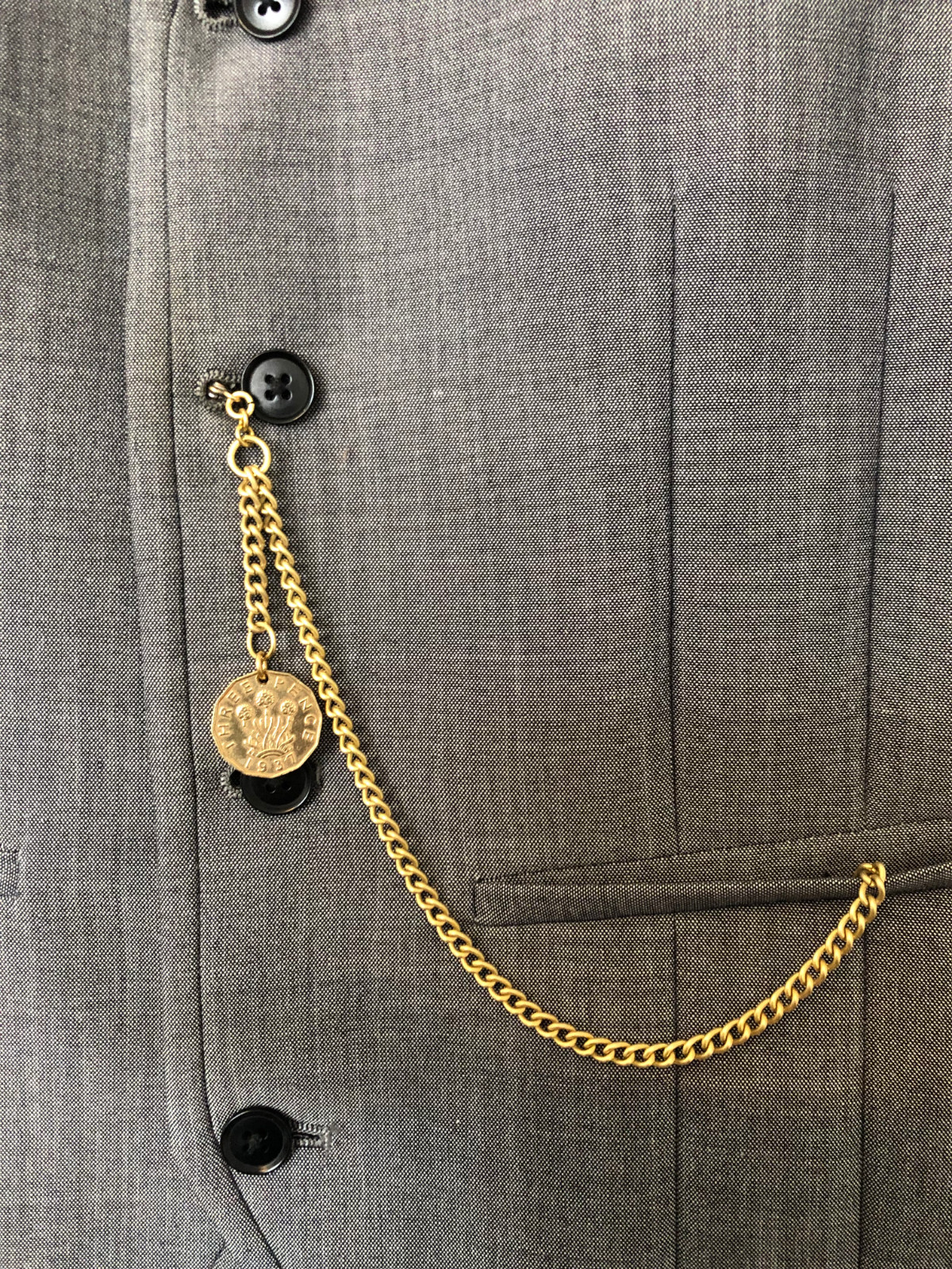 vintage type solid brass single albert pocket watch chain three pence 3d fob