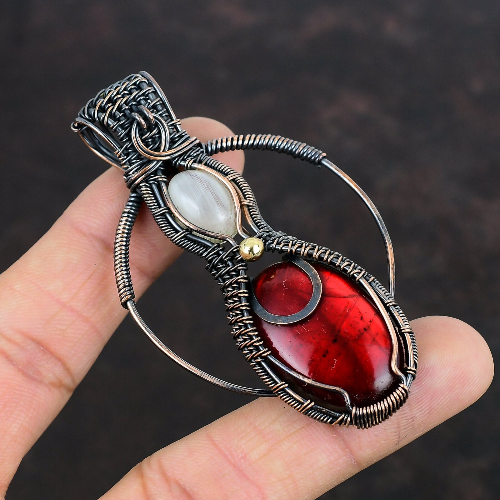 Gift For Her Red Fire Labradorite Wire Wrapped Pendant Copper Jewelry 2.95″