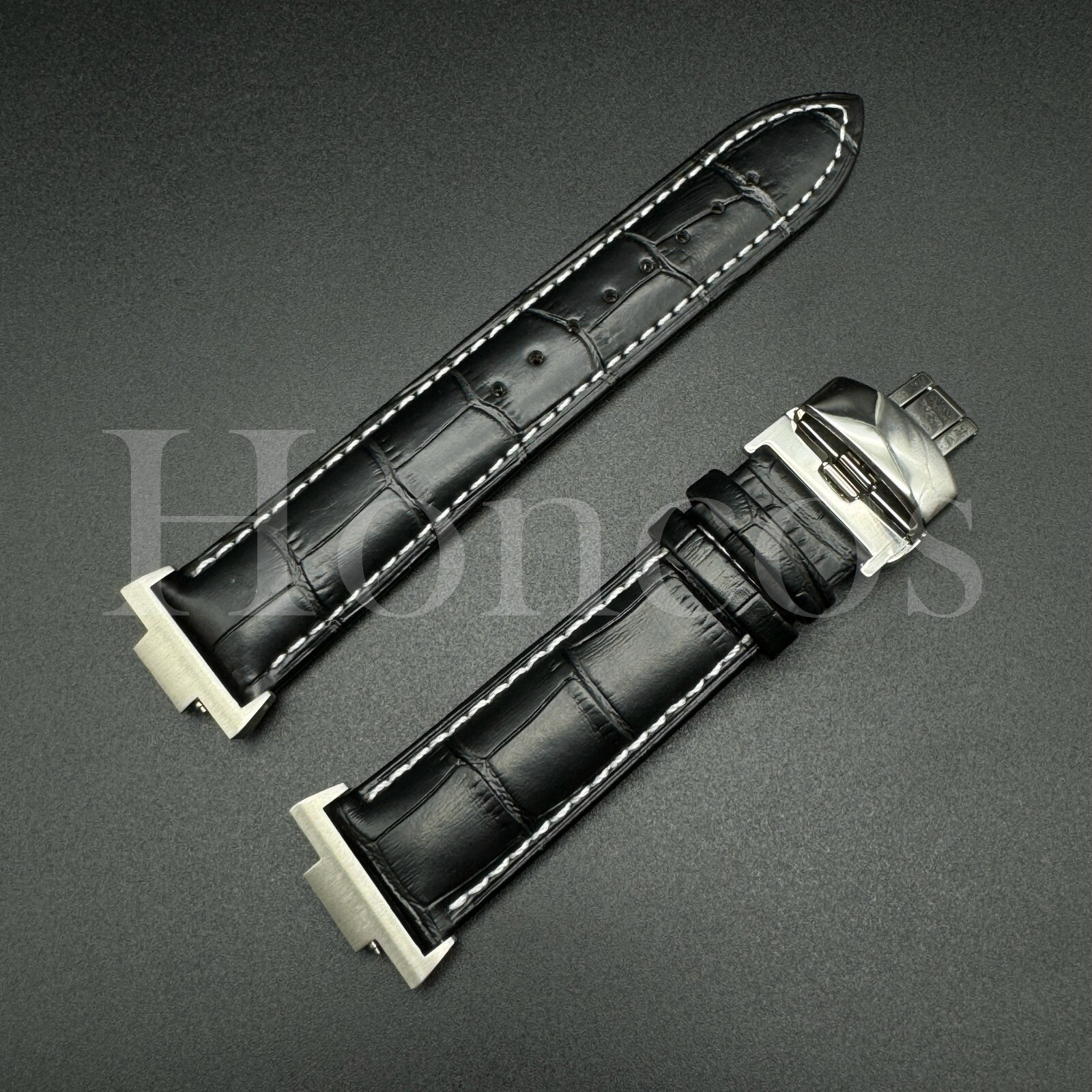 Genuine Leather Alligator Watch Strap Fits for Tissot PRX Clasp+Adapter Black/WT
