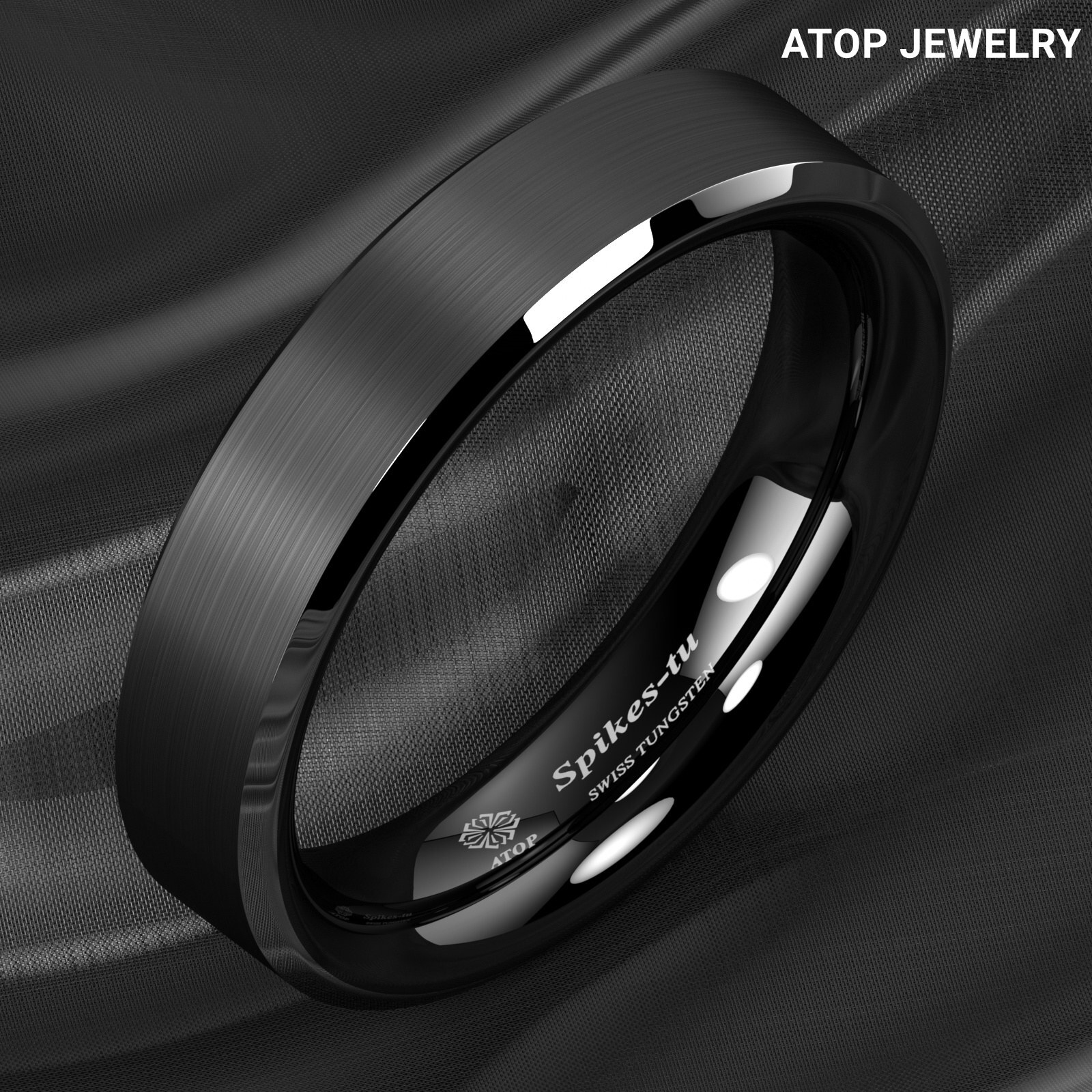 8/6mm Silver Edge Black Frosted Tungsten Ring Men Wedding Band ATOP Jewelry