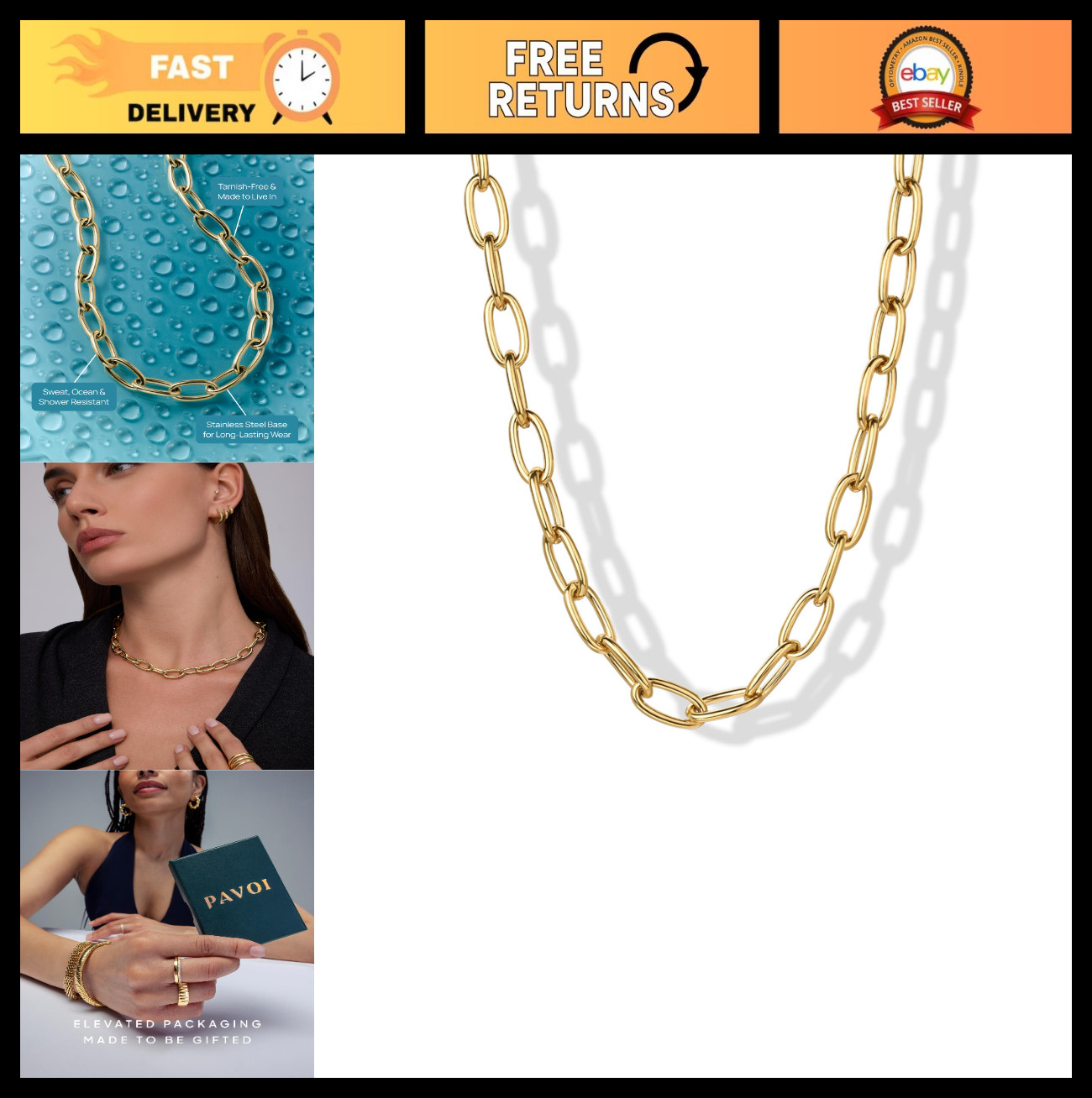 Waterproof Gold Plated Chain Necklace for Women – Herringbone, Snake, Rope & Mor