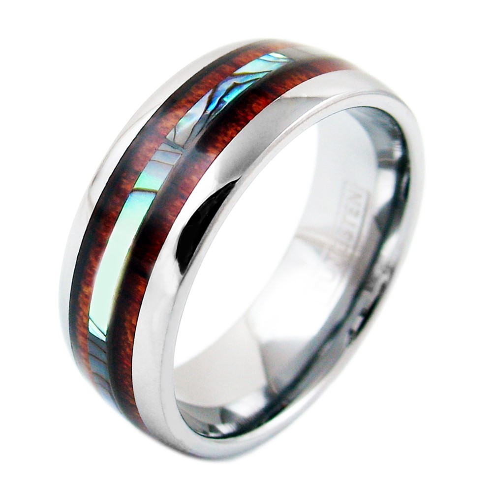 6/8mm Tungsten Men’s Hawaiian Koa Wood & Abalone Wedding Band Ring-Engraving TW