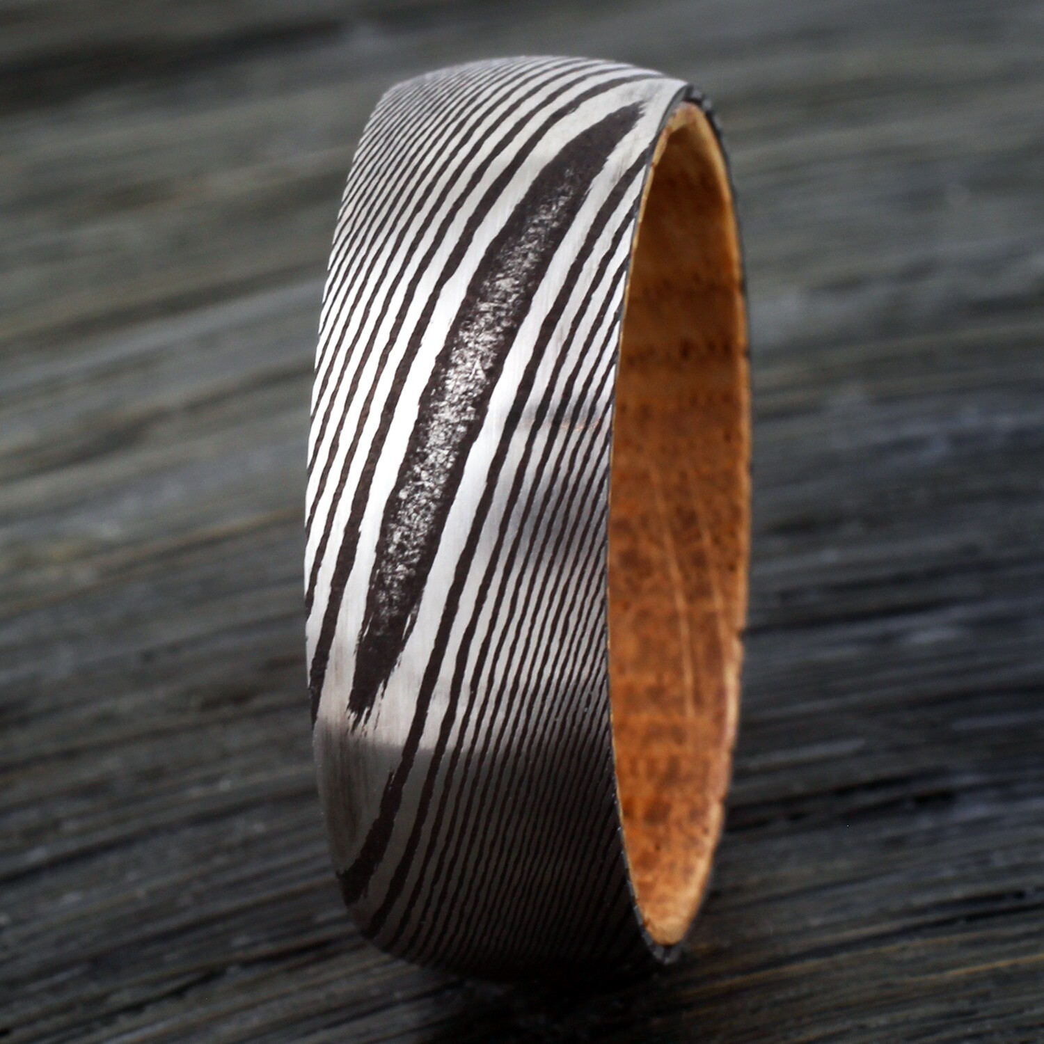 8mm Men’s Black Damascus Steel with Whiskey Barrel Wood Sleeve Wedding Band Ring