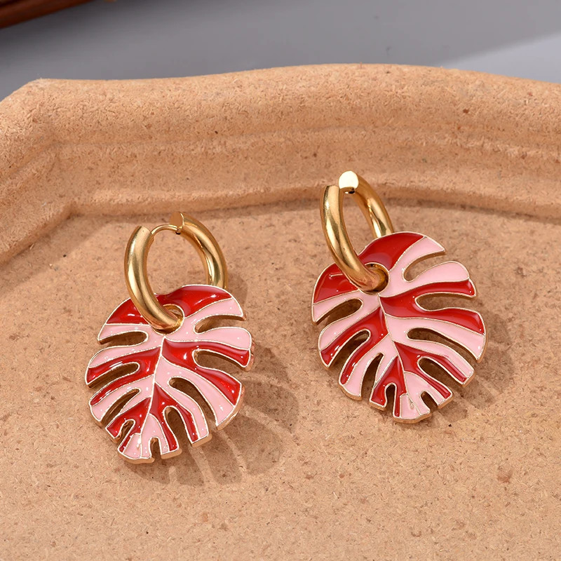 Colorful Big Leaf Pendant Gold Color Stainless Steel Earrings For Women