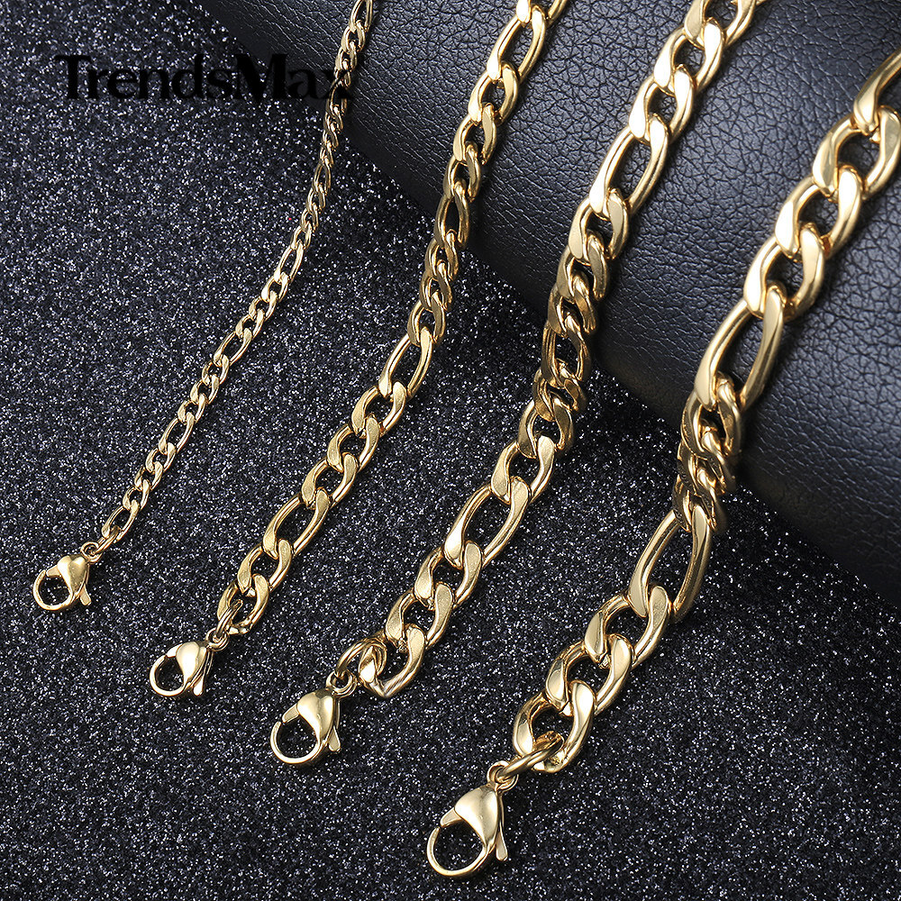 3/5/7/9mm Silver/Gold Plated Stainless Steel Figaro Link Chain Bracelet 7-10 in