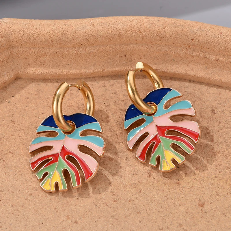 Colorful Big Leaf Pendant Gold Color Stainless Steel Earrings For Women