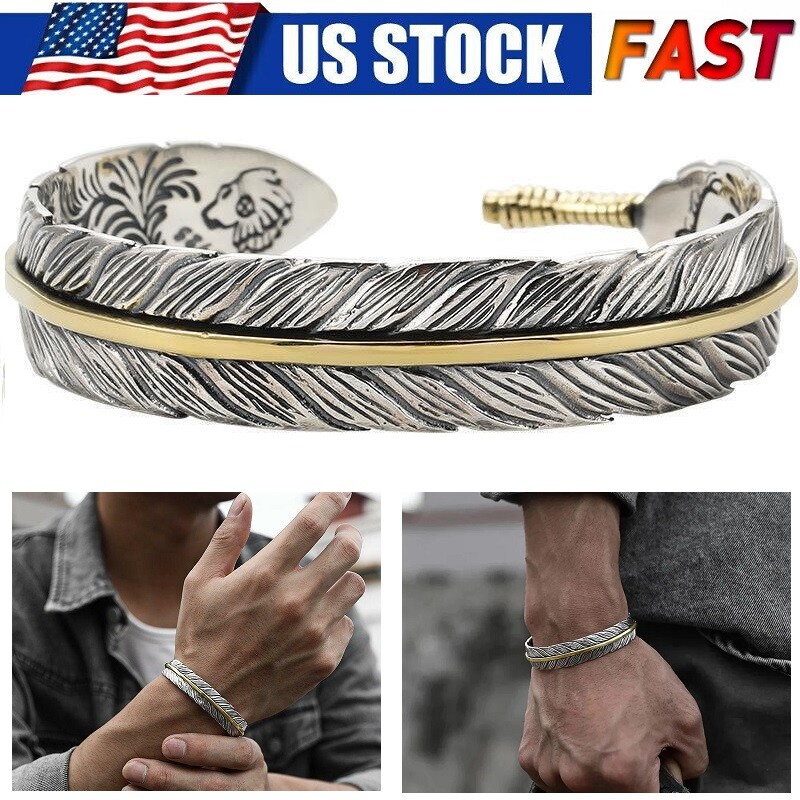 Women Men Retro Vintage 925 Sterling Gold Silver Feather Cuff Bangle Bracelet US
