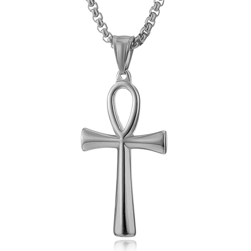 Men Women Cross Necklace Silver Stainless Steel Egyptian Ankh Pendant Chain Gift