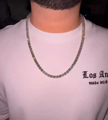 12Ct Round Cut Lab Created Diamond Men’s Tennis Necklace 14K White Gold Finish
