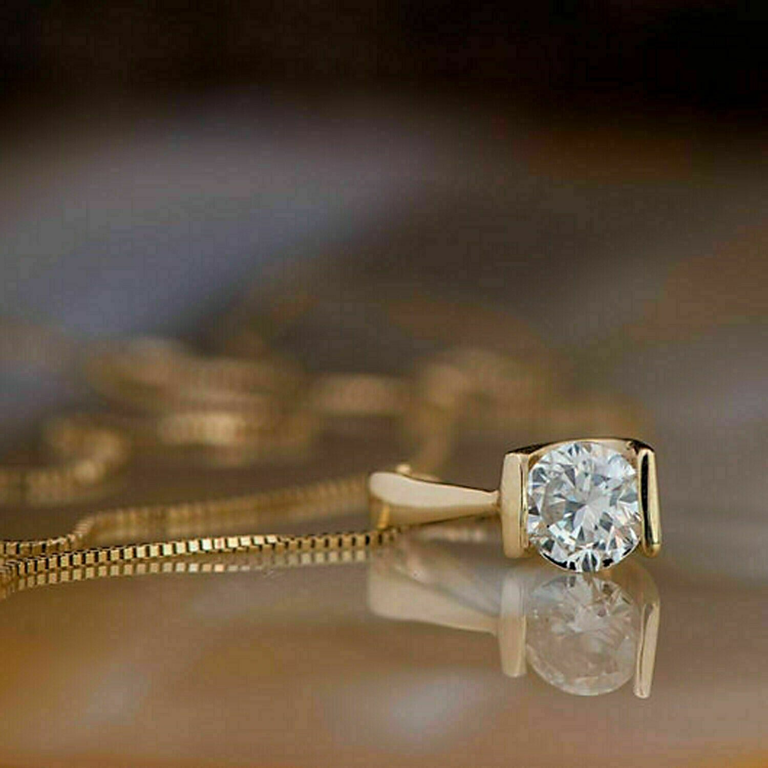 1.5Ct Round Moissanite Diamond Solitaire Pendant Chain 14K Yellow Gold Finish