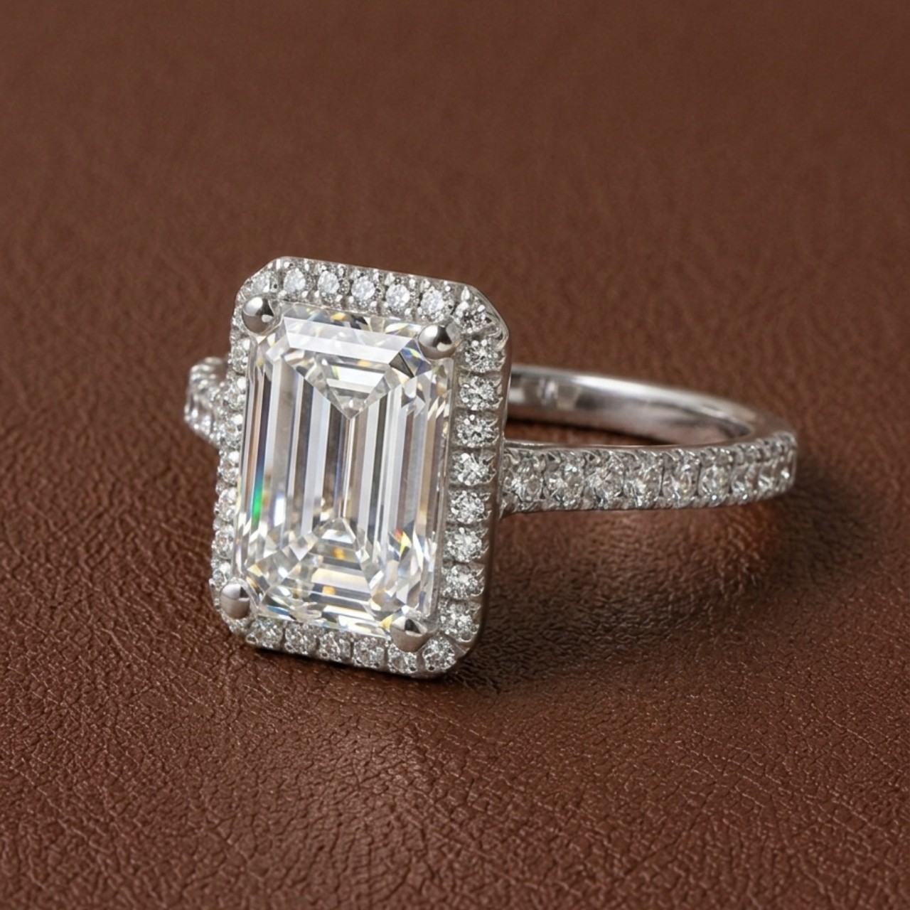 2.00 Ct Emerald Cut Halo Engagement Ring with Pavé Band Statement Jewelry