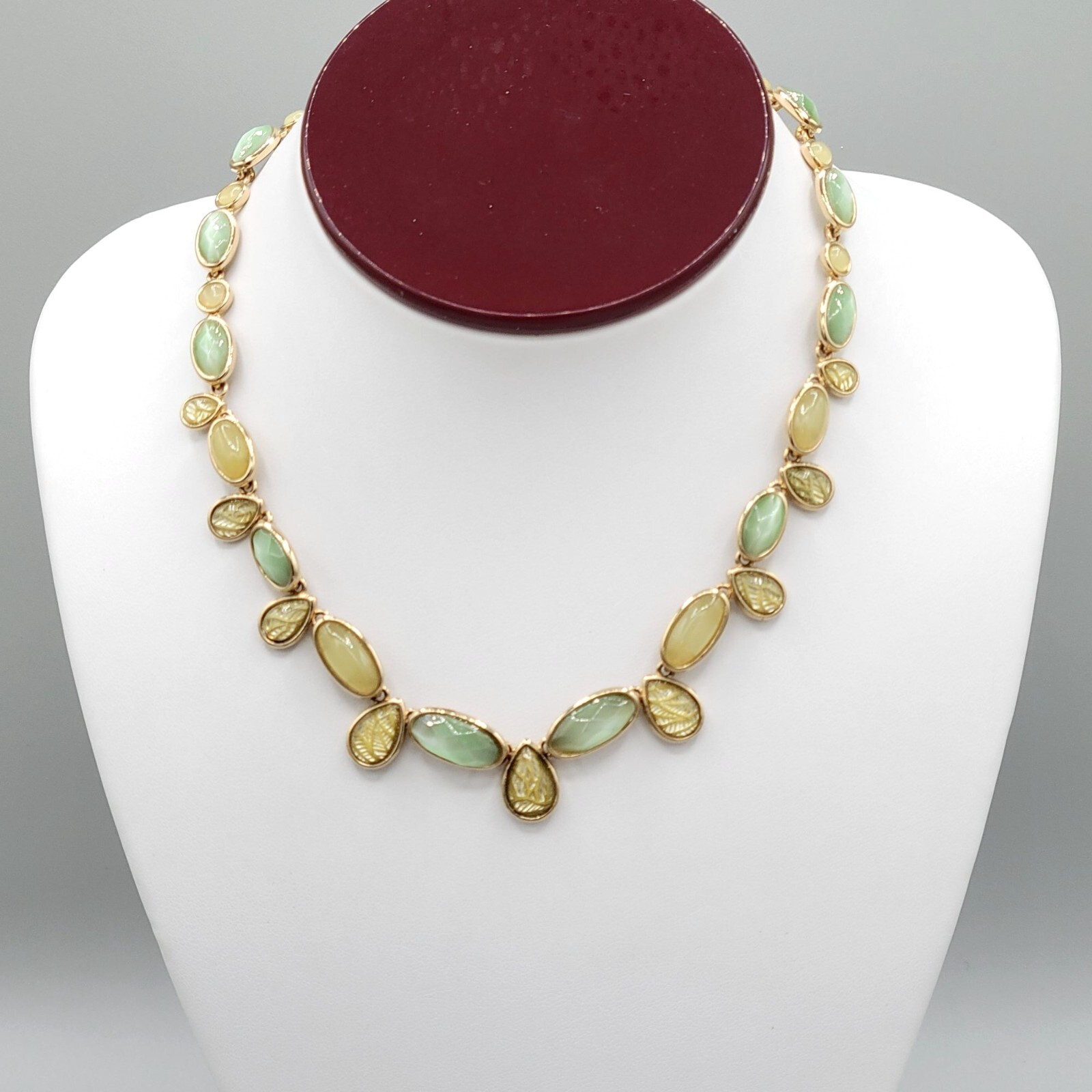 Gold Tone Pea Green Cabochon Teardrop Necklace Foil Backed Lobster Clasp 16 in