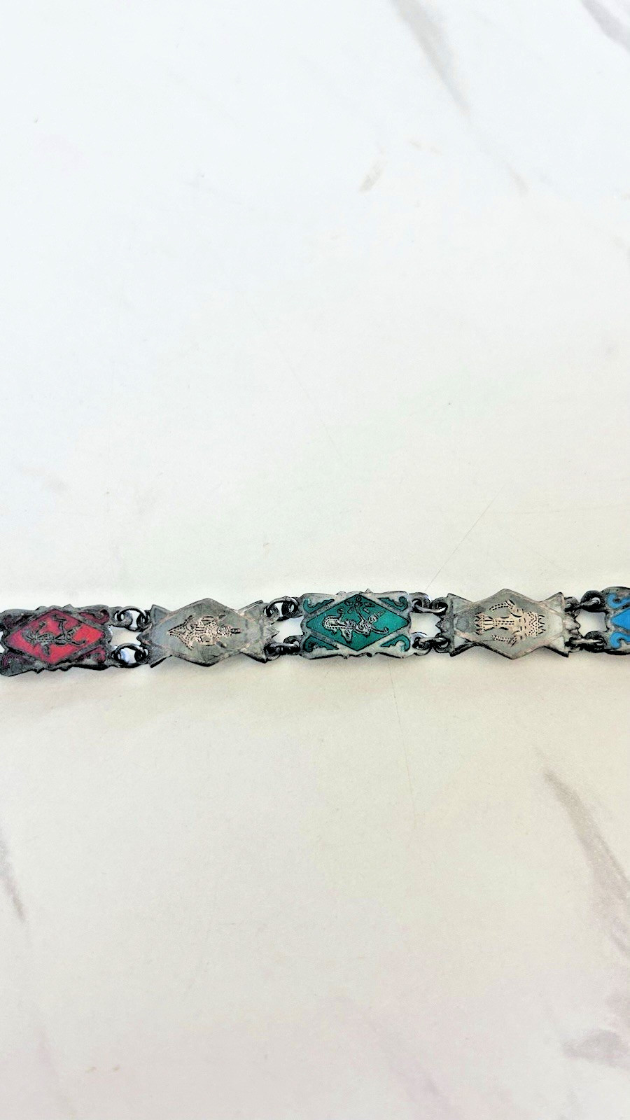 Vintage Siam Sterling Silver Niello 8 Panel Bracelet Thai Deities Gods 7 1/4″