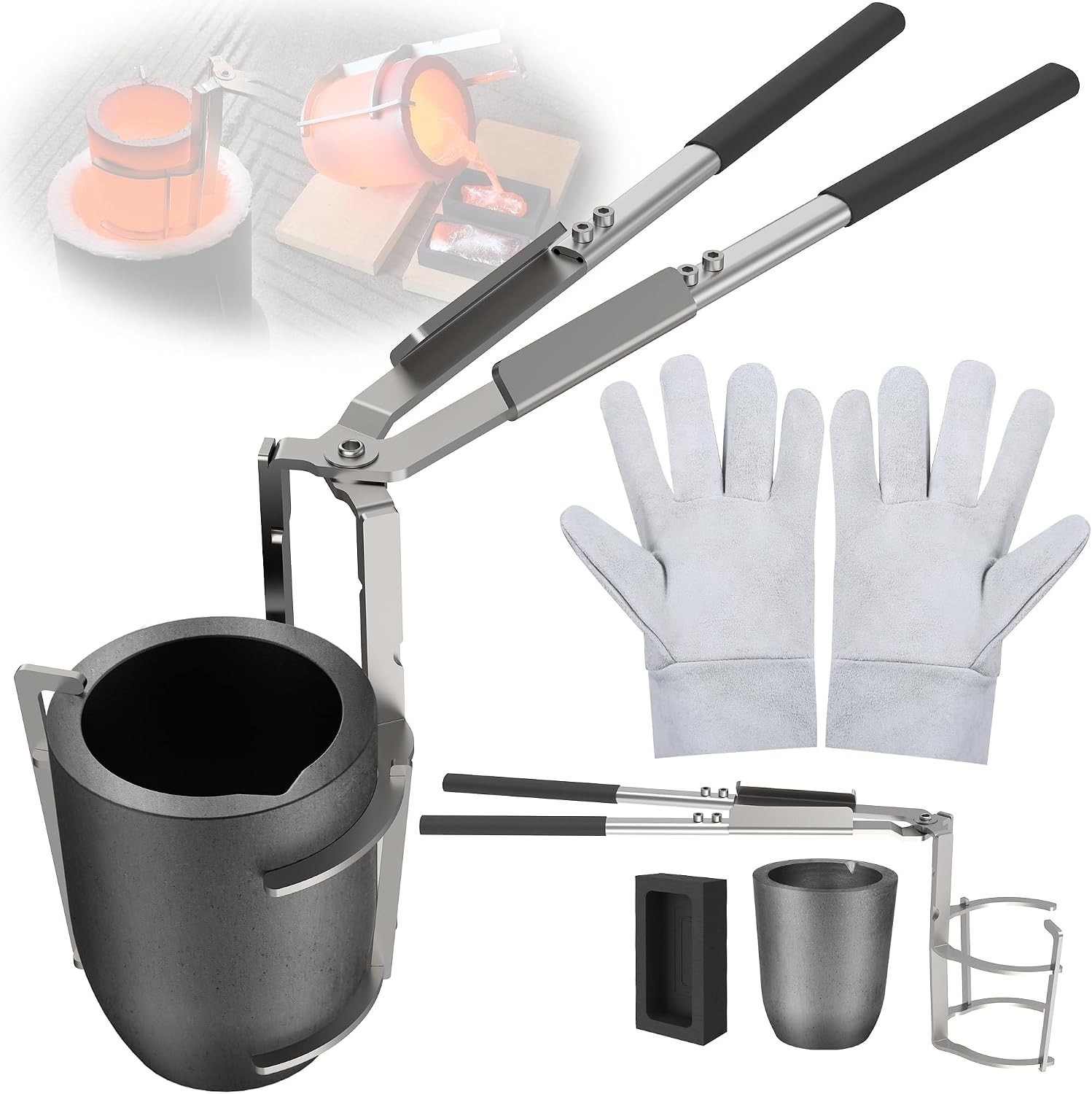 6kg Crucible Tongs Set for Melting & Tong Tong w/ Spouted Graphite Crucible, Ing