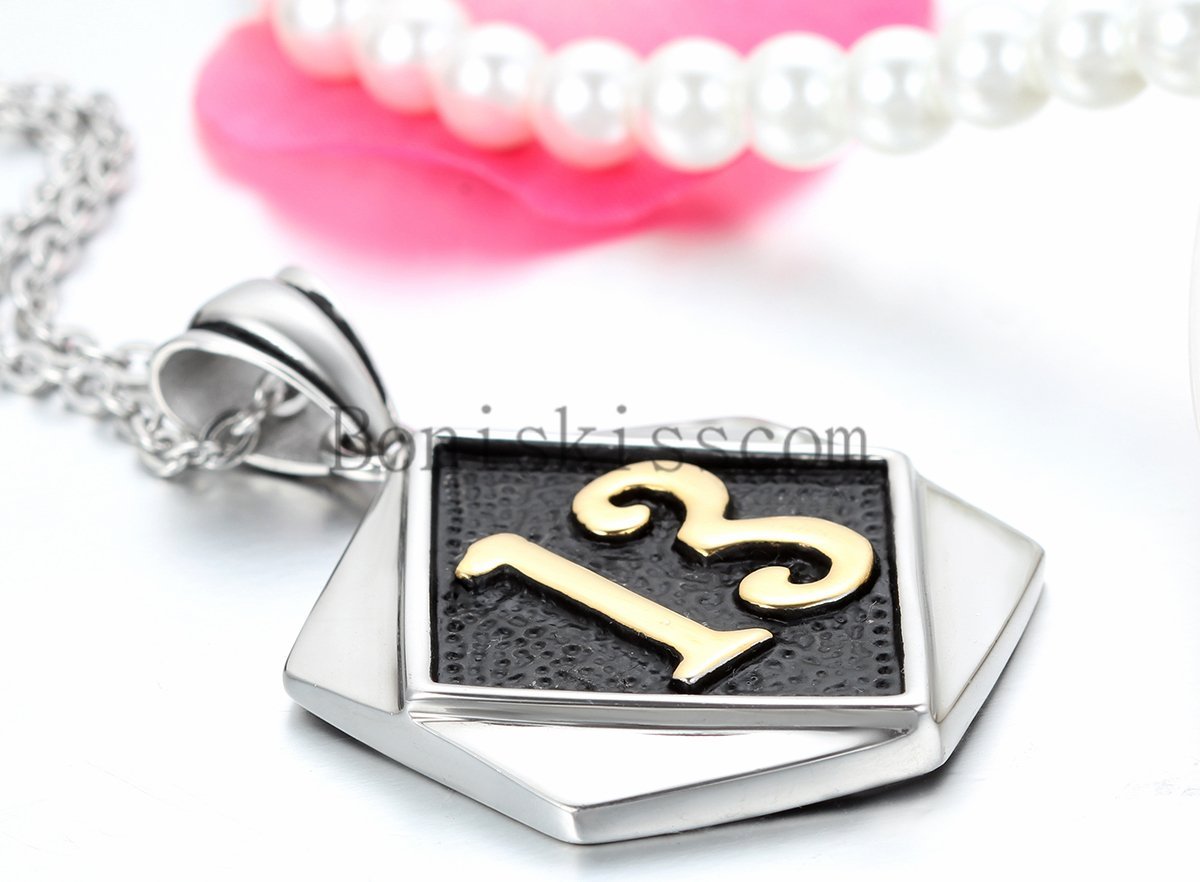 Lucky 13 Hexagon Silver Gold Tone Stainless Steel Biker Men’s Pendant Necklace