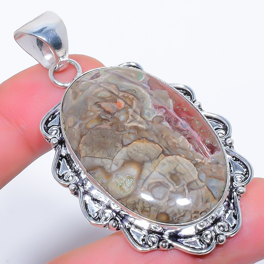 Natural Leopard Skin Jasper Gemstone 925 Silver Plated Pendant 2.5″ F266