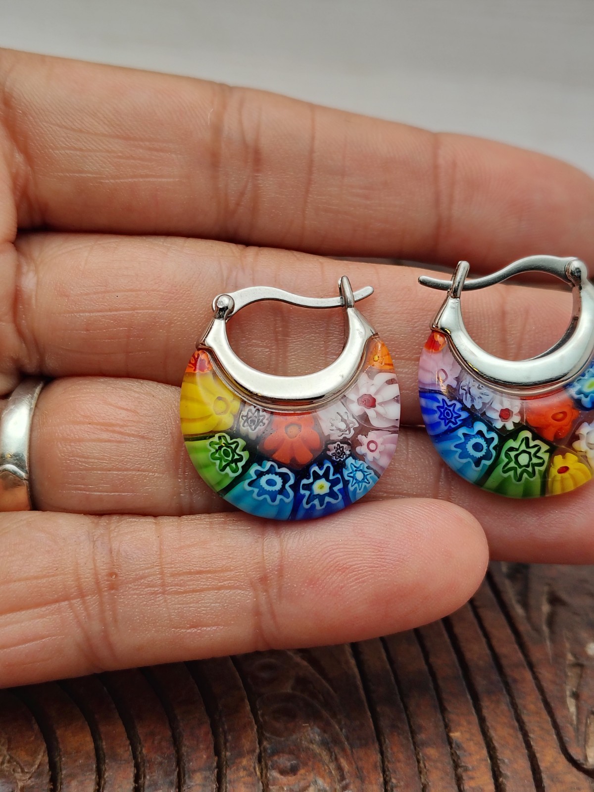 Millefiori Glass And Stainless Steel earrings. 1″