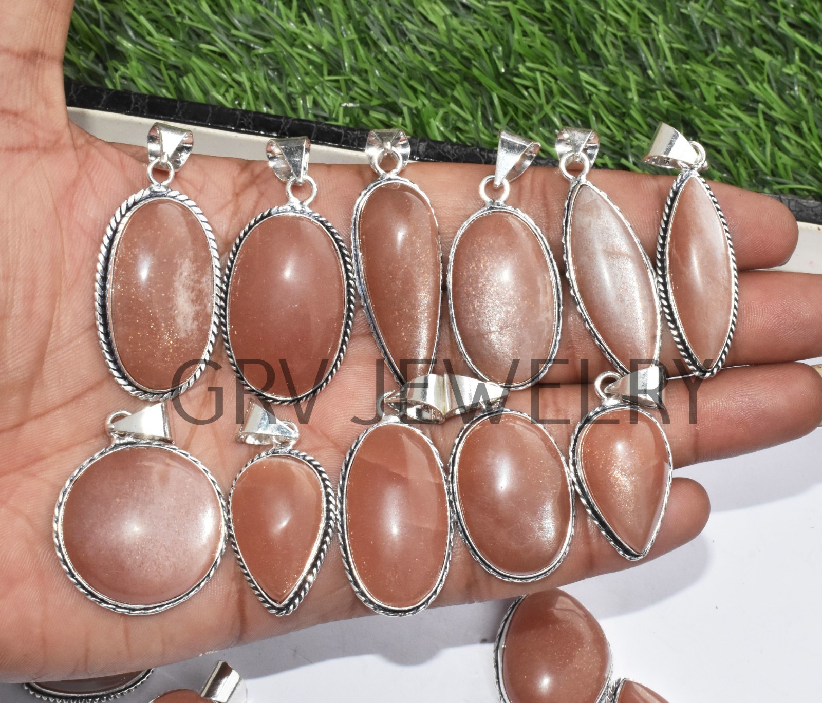 1-500 Pcs Peach Moonstone Pendant Wholesale Lot Bulk: Silver Plated WH-36