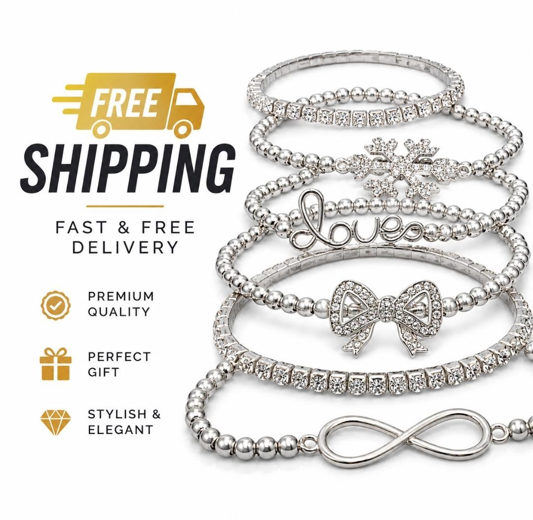 6Pcs Silver Tone Bracelet Set Women Crystal Snowflake Bow Love Infinity Jewelry