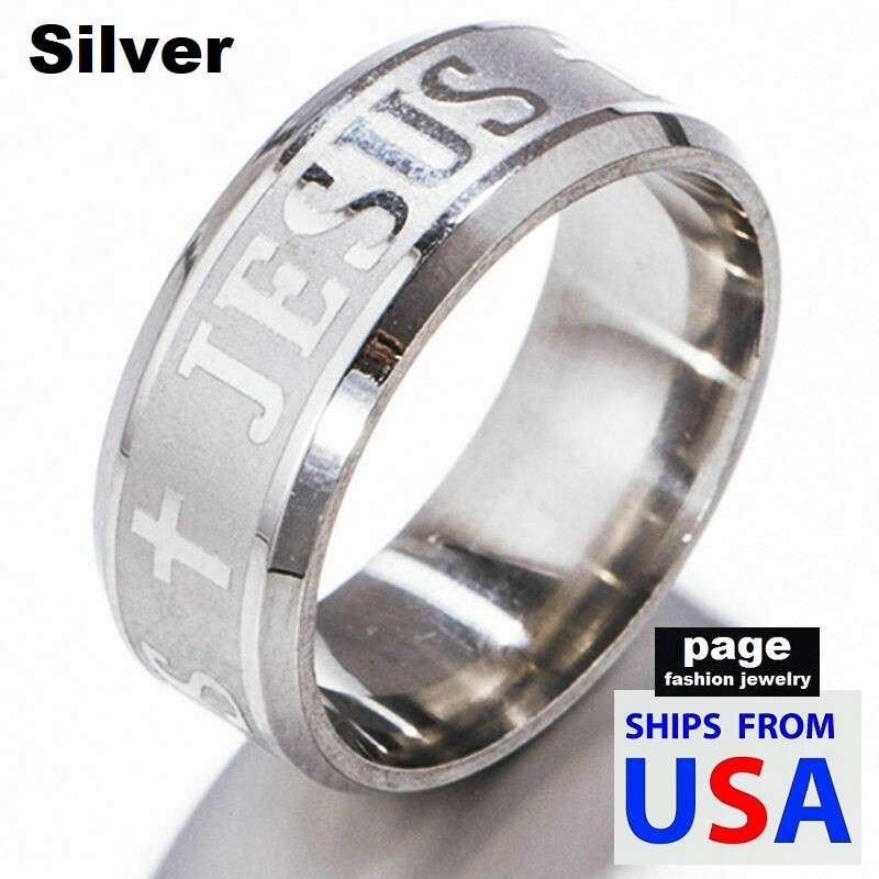 Etched JESUS Cross Silver/Gold/Black Comfort Fit Stainless Steel Ring Sz. 7-11.5