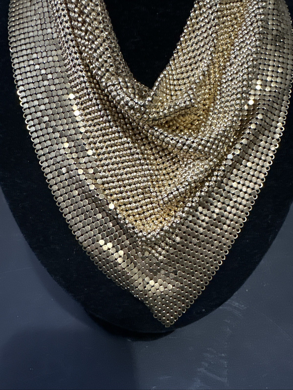 Vintage Unsigned WHITING & DAVIS Gold Tone Mesh Bib Necklace 12k Clasp