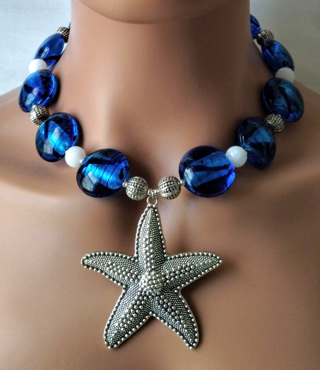Silver Starfish Cobalt Blue Glass White Jade Designer Artisan Statement Set